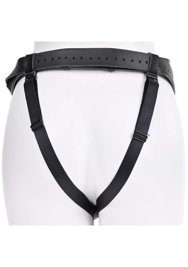 Black leather high-waisted harness with adjustable straps.