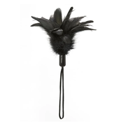 Black rooster feather tickler with a wrist strap.