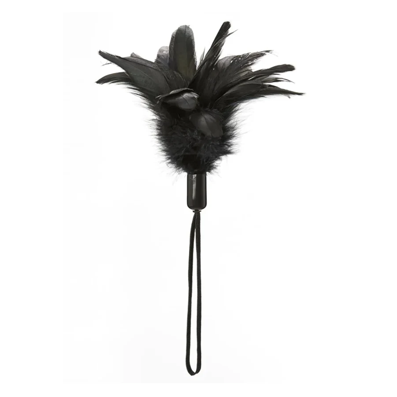 Black rooster feather tickler with a wrist strap.