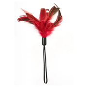 Red feather tickler with a black wrist loop.