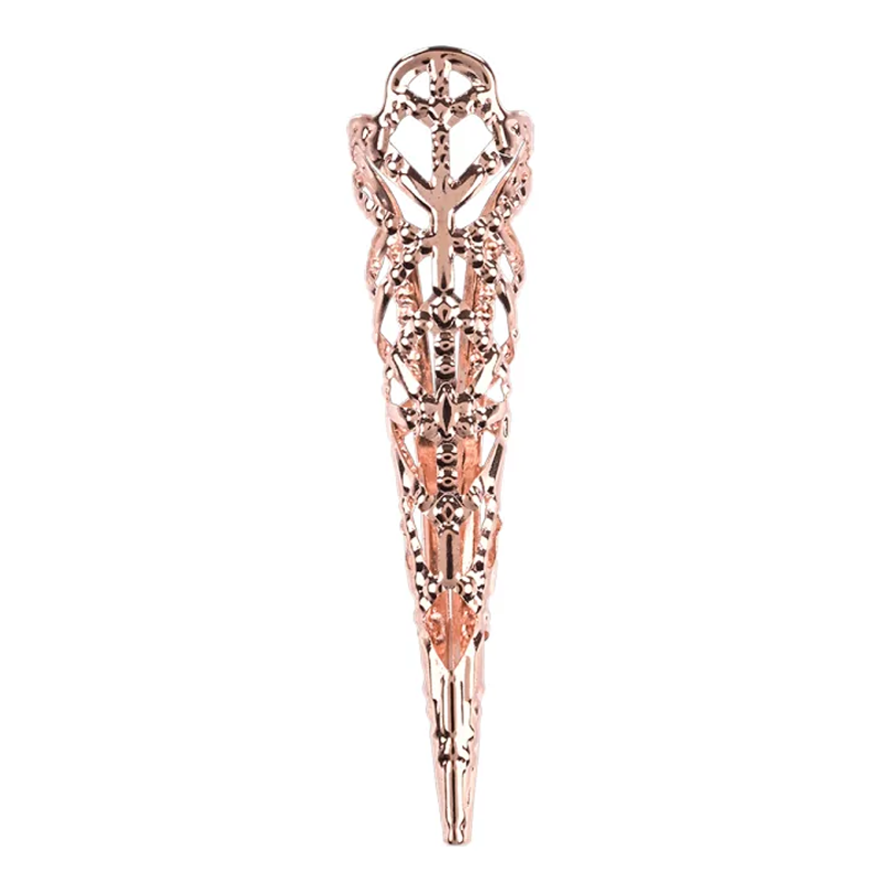 Rose gold metal claw ring with intricate filigree design.