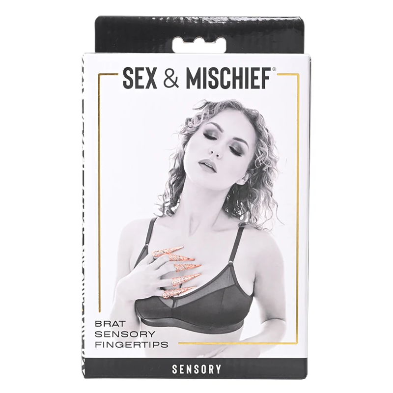 Rose gold metal claws for fingertips with a "Sex & Mischief" logo.