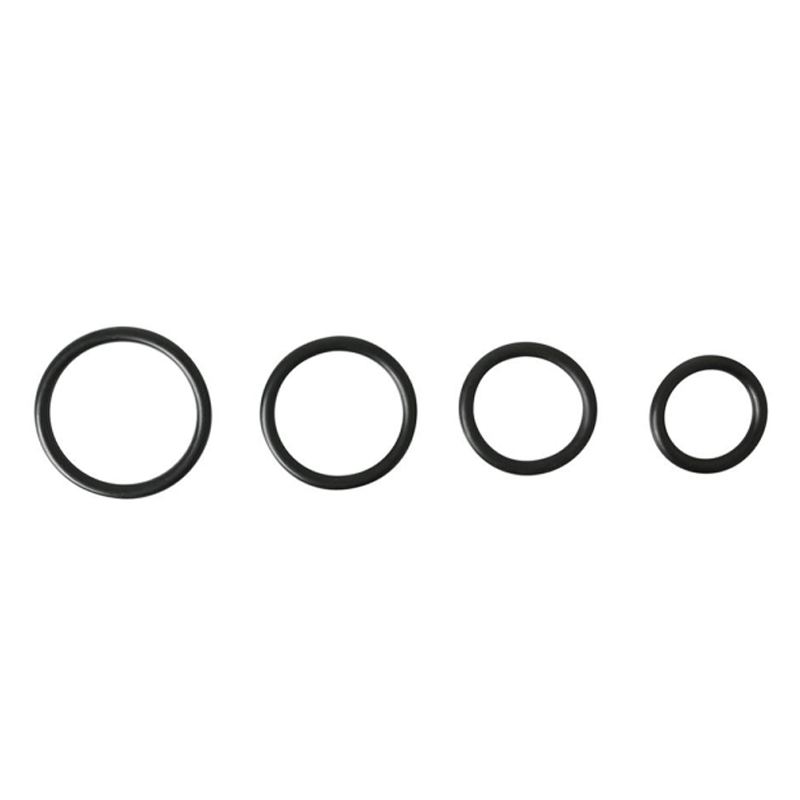 Four black O-rings of varying sizes on a white background.