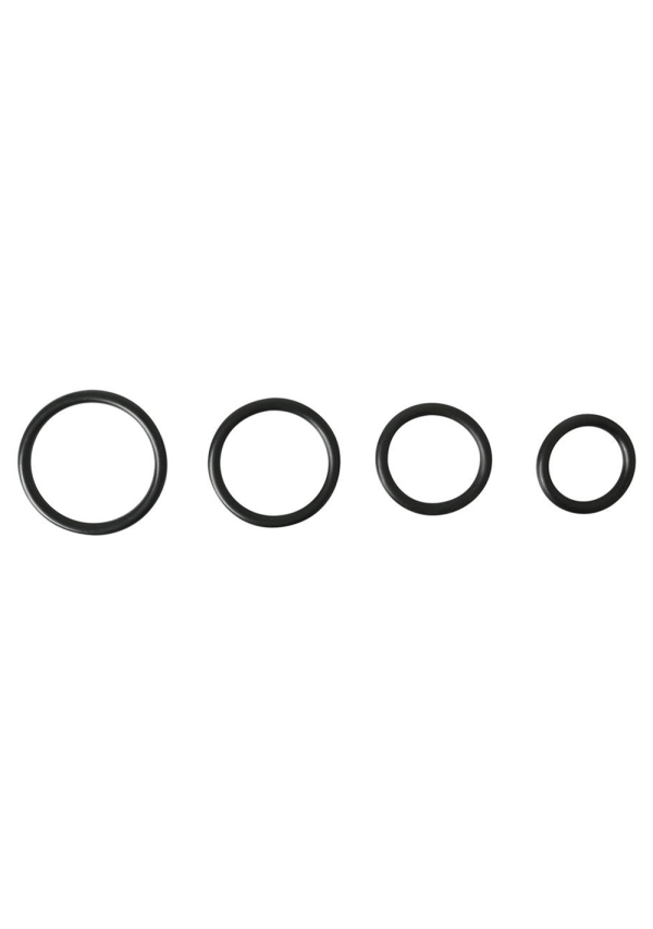 Four black O-rings of varying sizes are displayed on a white background.
