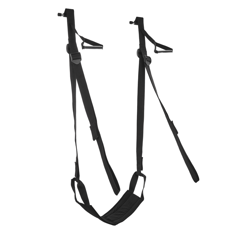 Black adjustable door sex sling with padded seat.