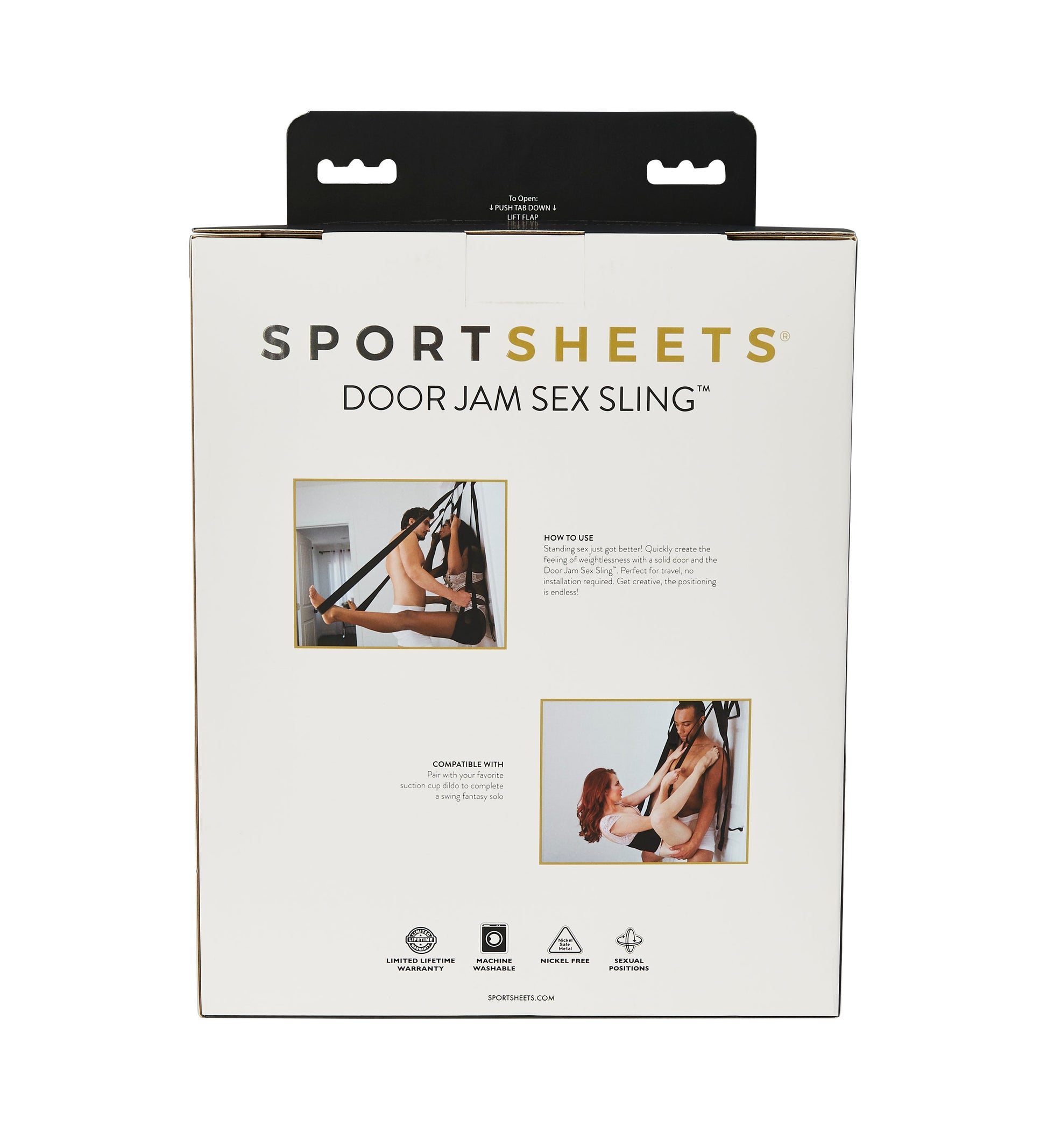 Sportsheets adjustable door jam sex sling with padded seat in black.