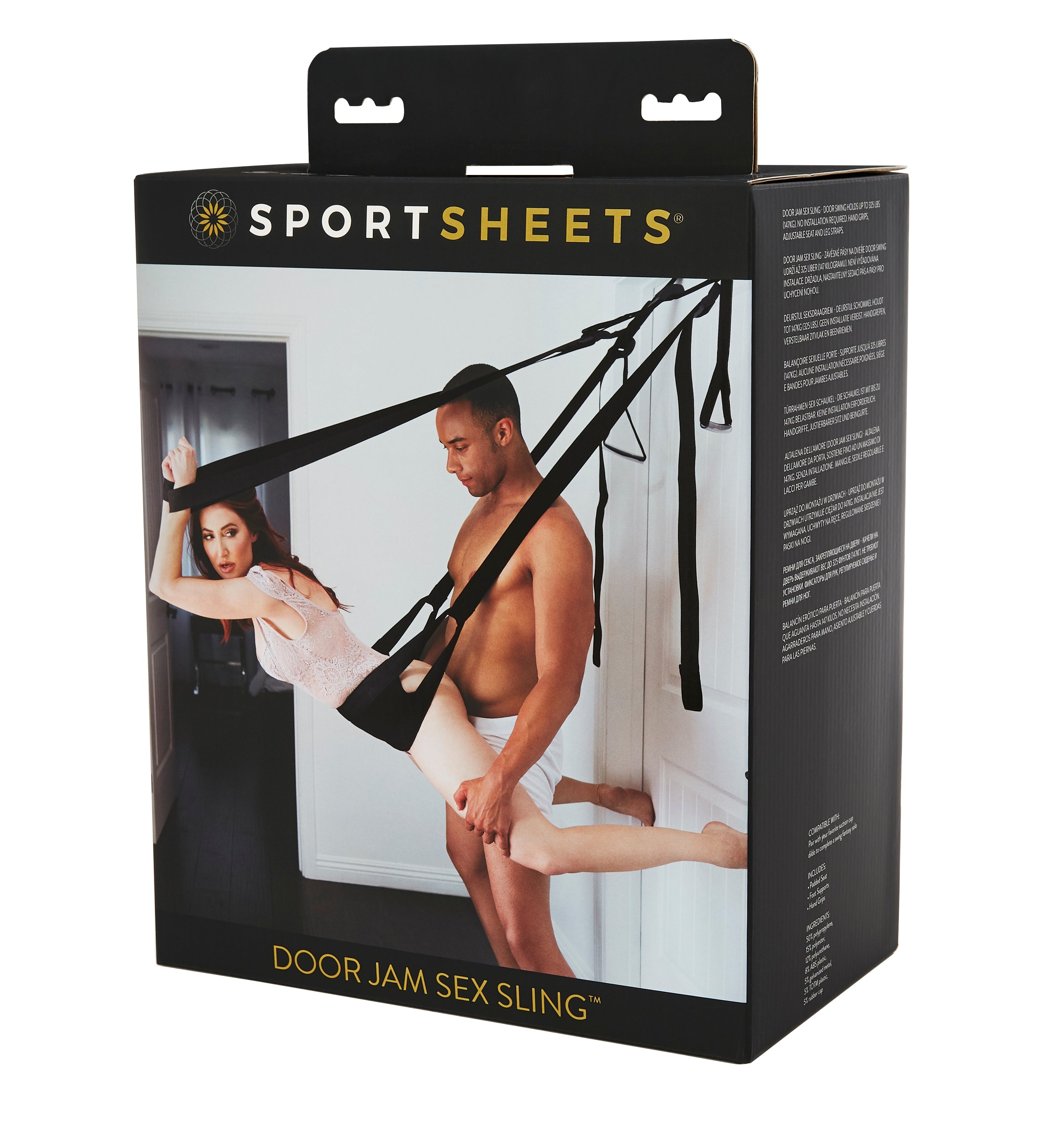 Adjustable black door jam sex sling with padded seat.