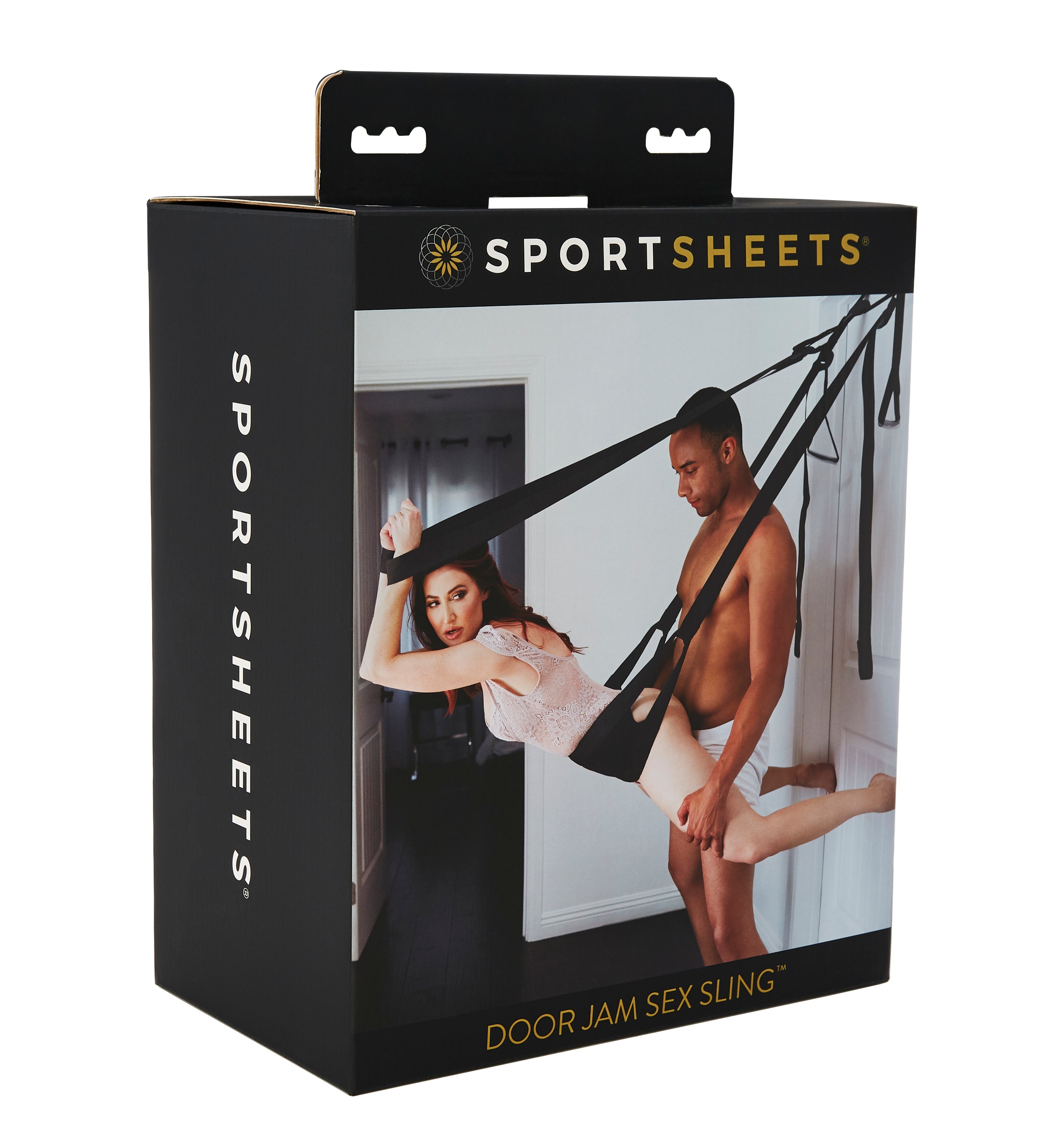 Black Sportsheets adjustable door jam sex sling with padded seat.