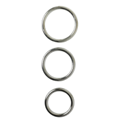 Three silver seamless metal O-rings of varying sizes.