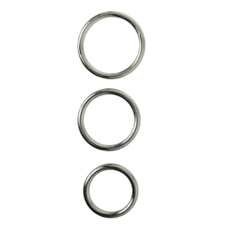 Three silver seamless metal O-rings of varying sizes.