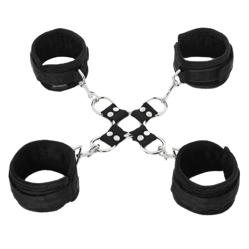 Black adjustable hogtie and cuff set with four restraints.