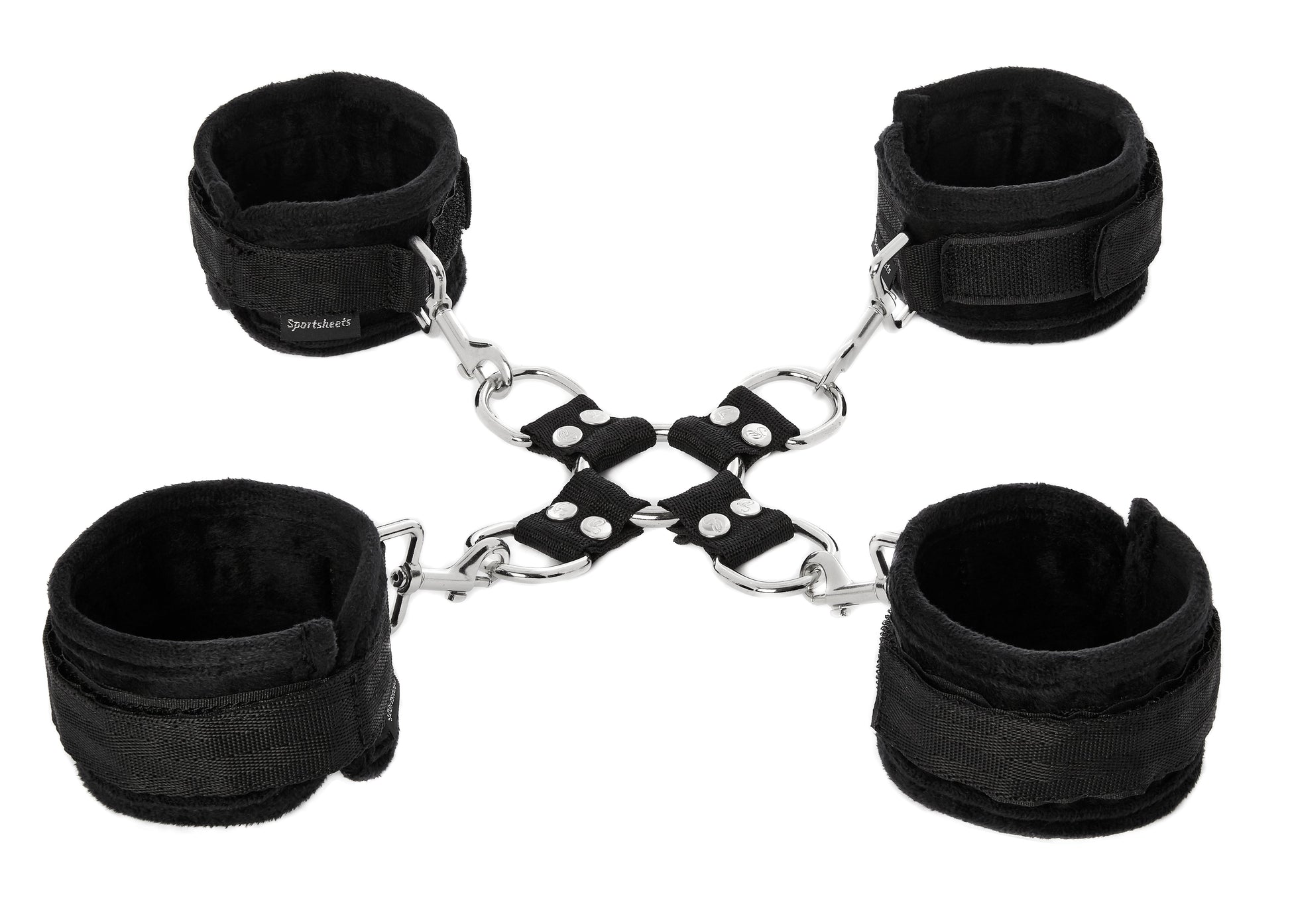 Black hogtie and cuff set with four adjustable restraints.