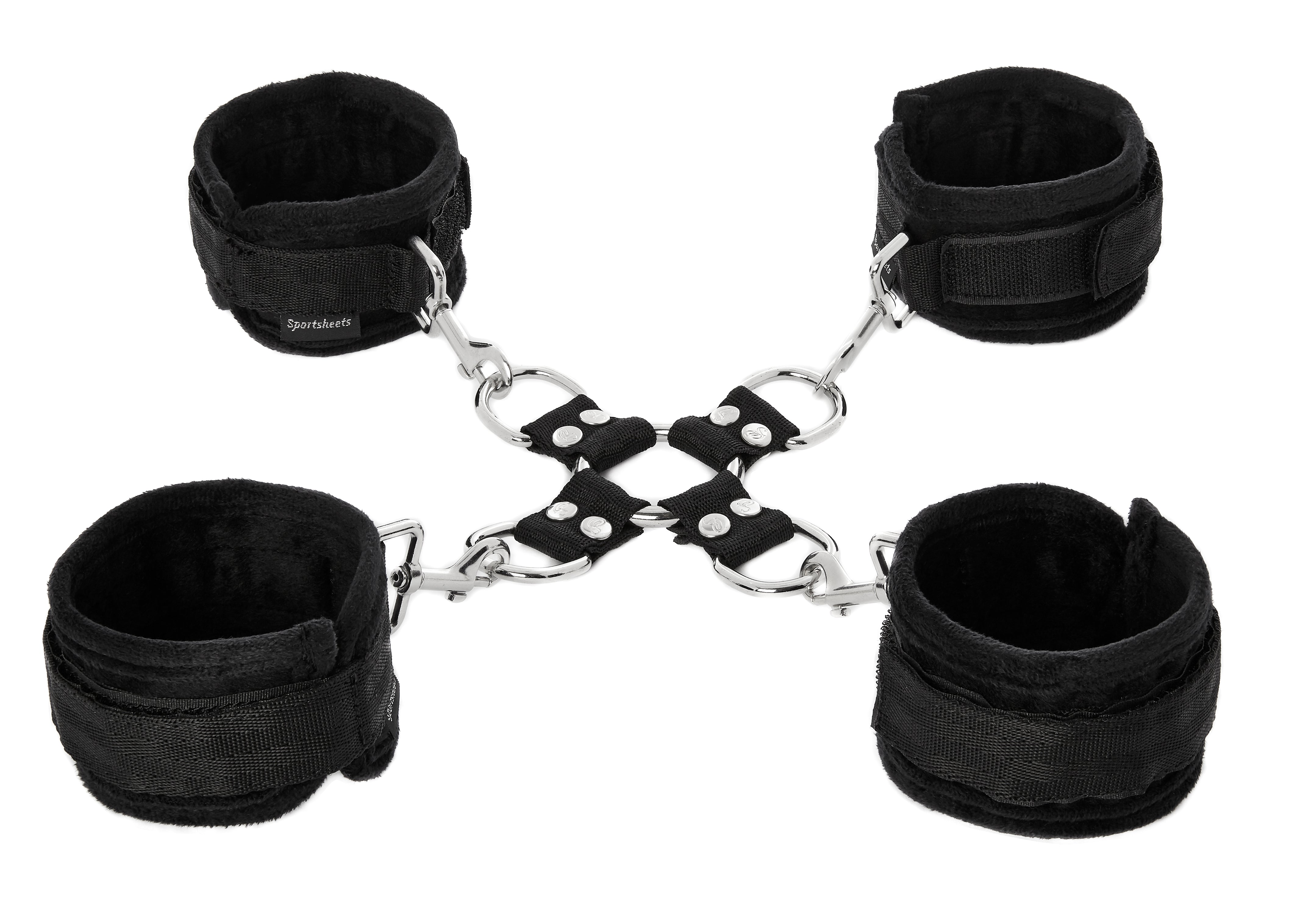 Black hogtie and cuff set with four adjustable restraints.