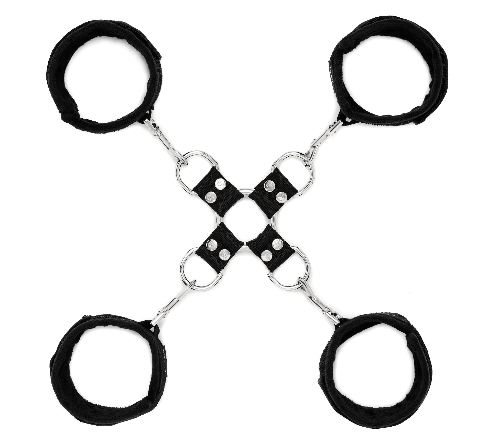 Black hogtie and cuff set with four adjustable restraints and metal hardware.