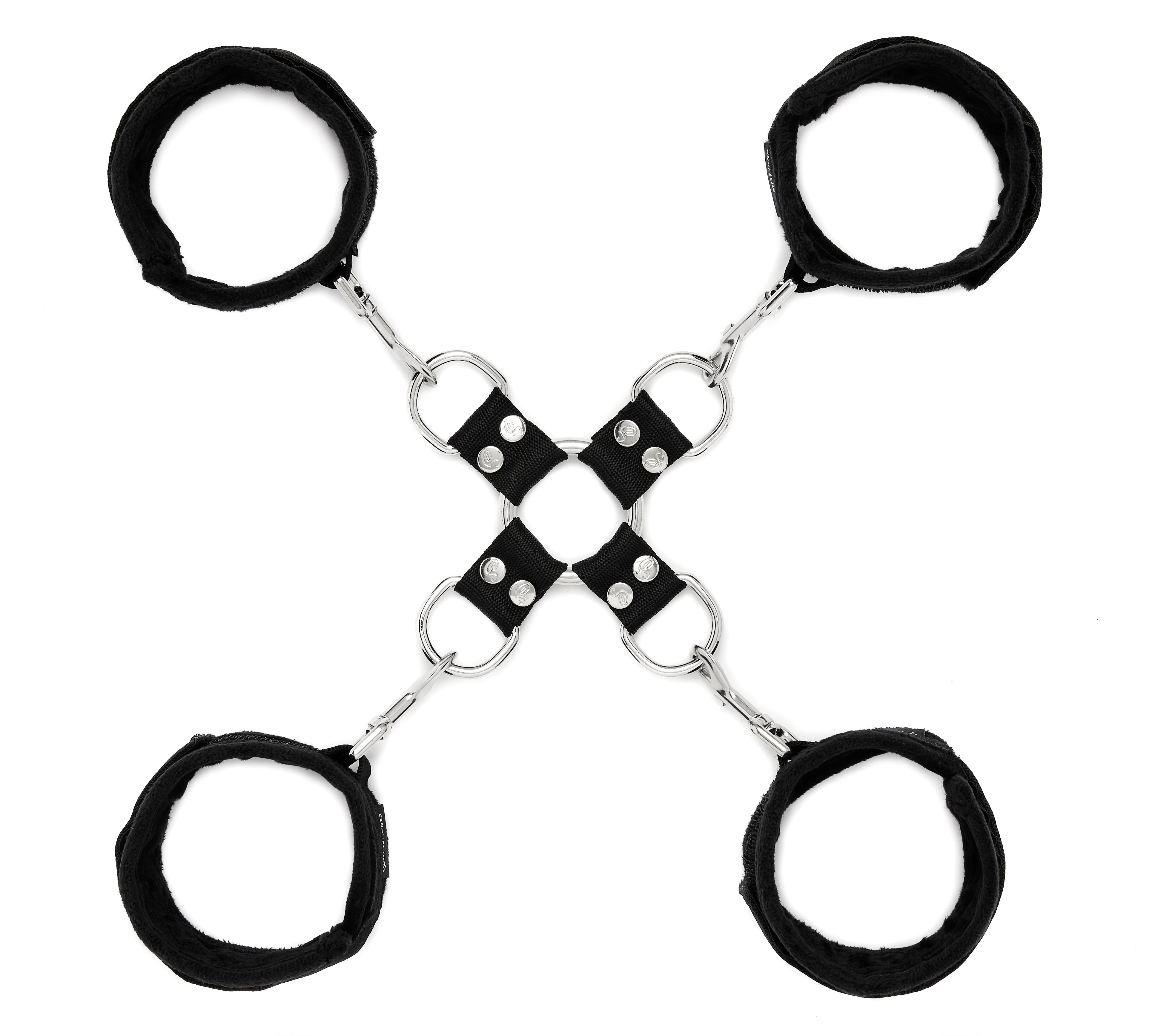 Black hogtie and cuff set with four adjustable restraints and metal hardware.