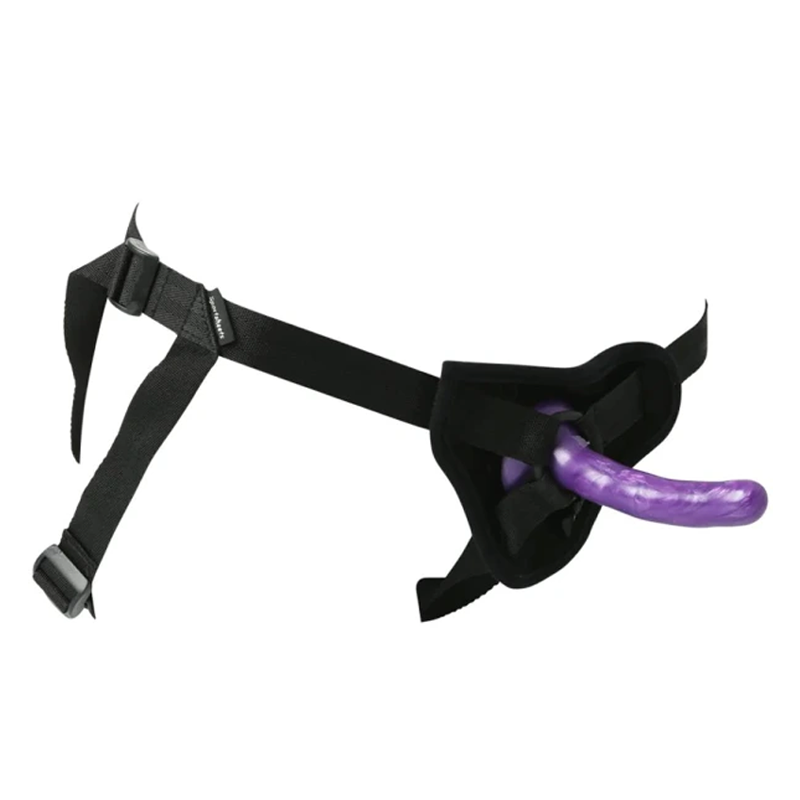 Beginner silicone strap-on kit with adjustable black harness and purple dildo.