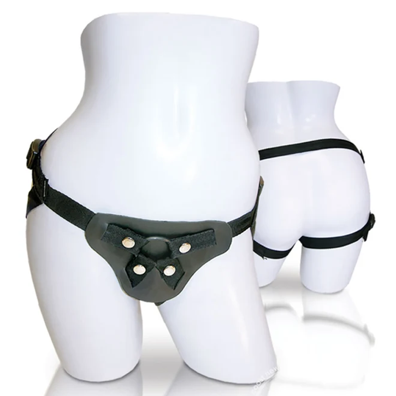 Black leather strap-on harness with adjustable straps on a mannequin.