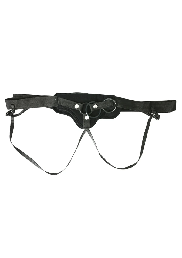 Black adjustable strap-on harness with O-rings.