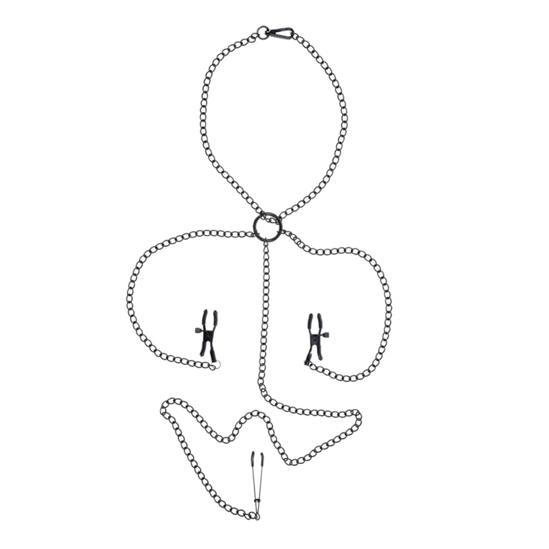 Black chain set with adjustable nipple and clit clamps.