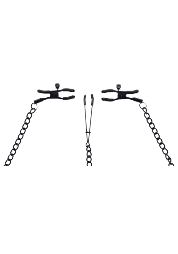 Black adjustable nipple clamps with chains and a clit clamp.