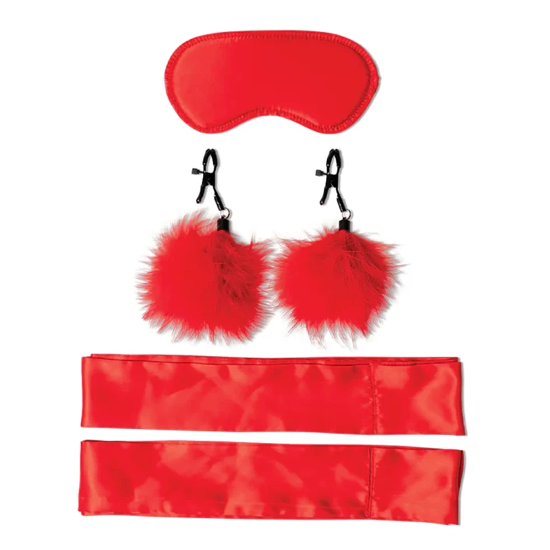 Red satin blindfold, fuzzy nipple clamps, and two satin restraints.