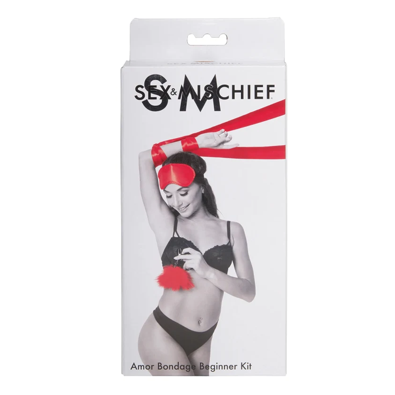 Amor Bondage Beginner Kit with red satin restraints and blindfold.