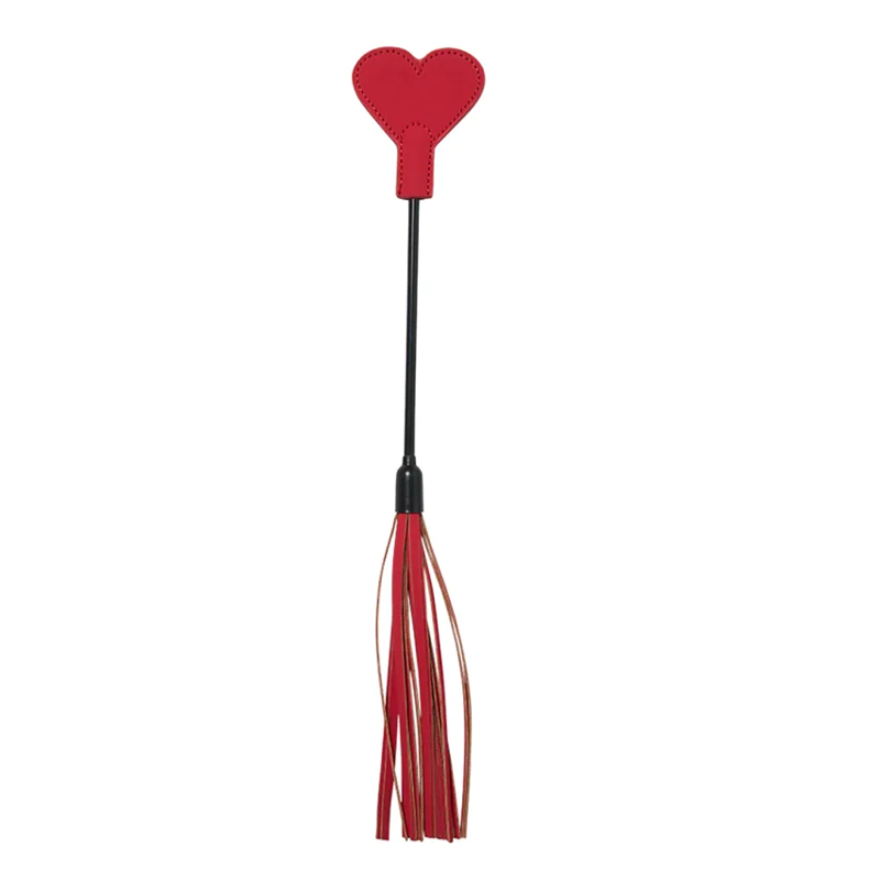 Red faux leather heart-shaped mini flogger with red tassels.