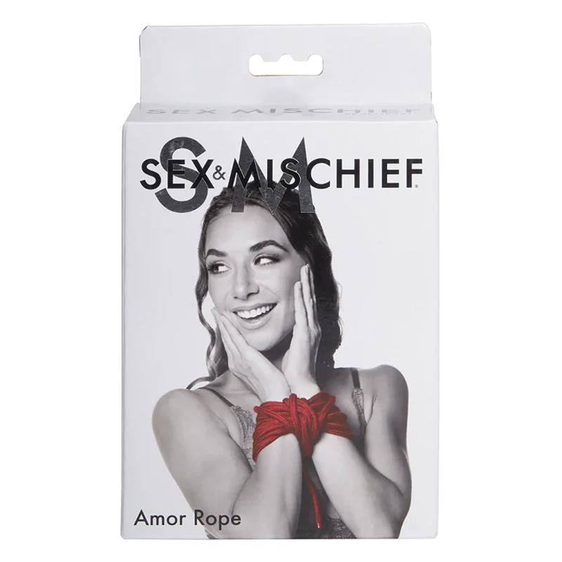 Red cotton bondage rope with "Sex & Mischief" branding.