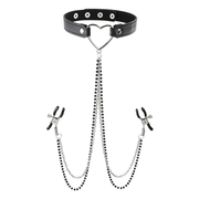 Black choker with heart pendant and beaded chains attached to nipple clamps.
