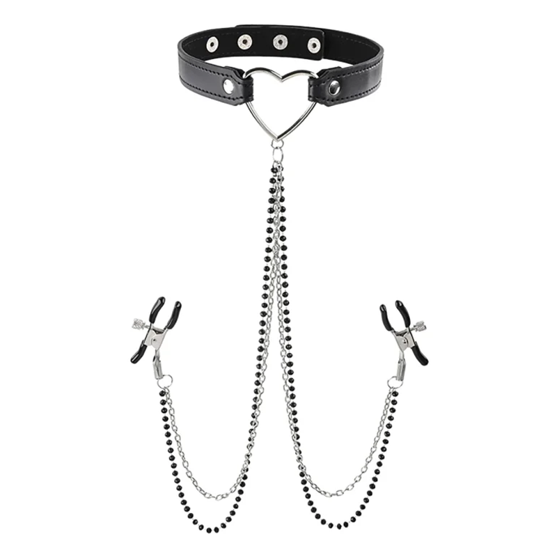 Black choker with heart pendant and beaded chains attached to nipple clamps.