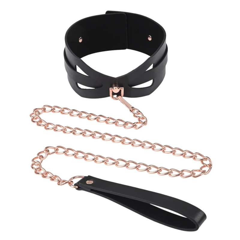 Black PU leather collar with rose gold chain leash.
