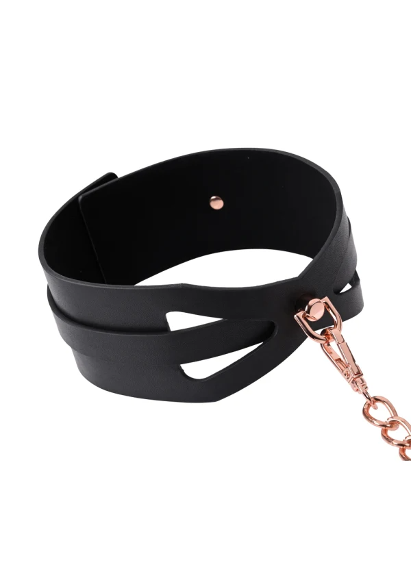 Black PU leather collar with rose gold chain and clasp.