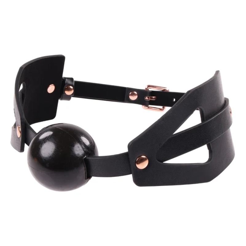 Black leather ball gag with adjustable strap and rose gold hardware.