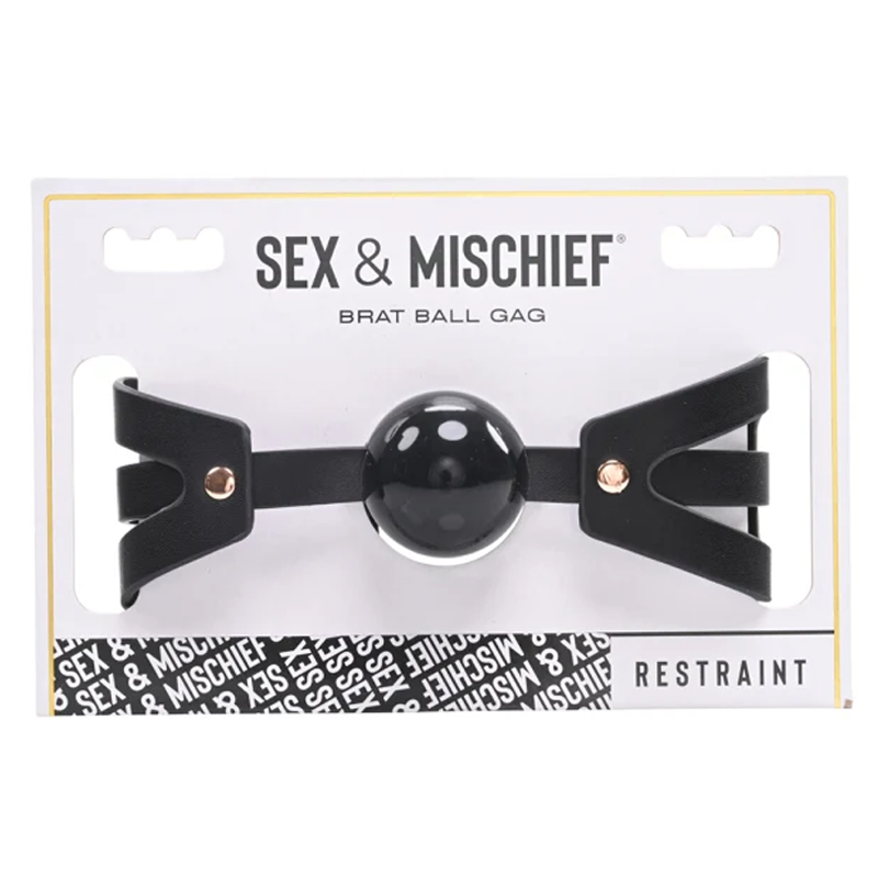 Black ball gag with leather straps and "Sex & Mischief" branding.