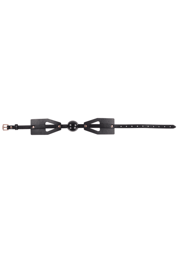 Black leather ball gag with adjustable strap and rose gold buckle.