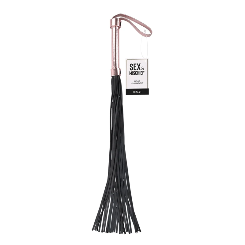 Rose gold handle flogger with black faux leather falls.