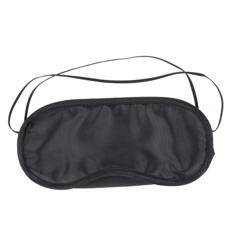 Black fabric blindfold with elastic straps.