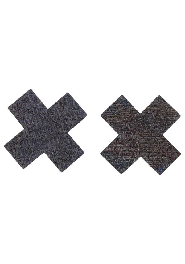 Two X-shaped pasties, one dark gray and one multi-colored.