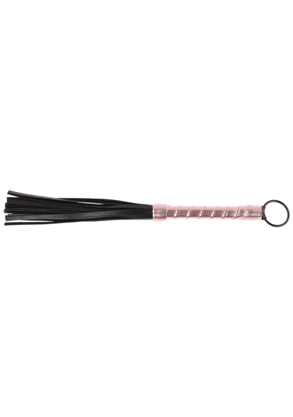 Black leather flogger with a rose gold handle and loop.