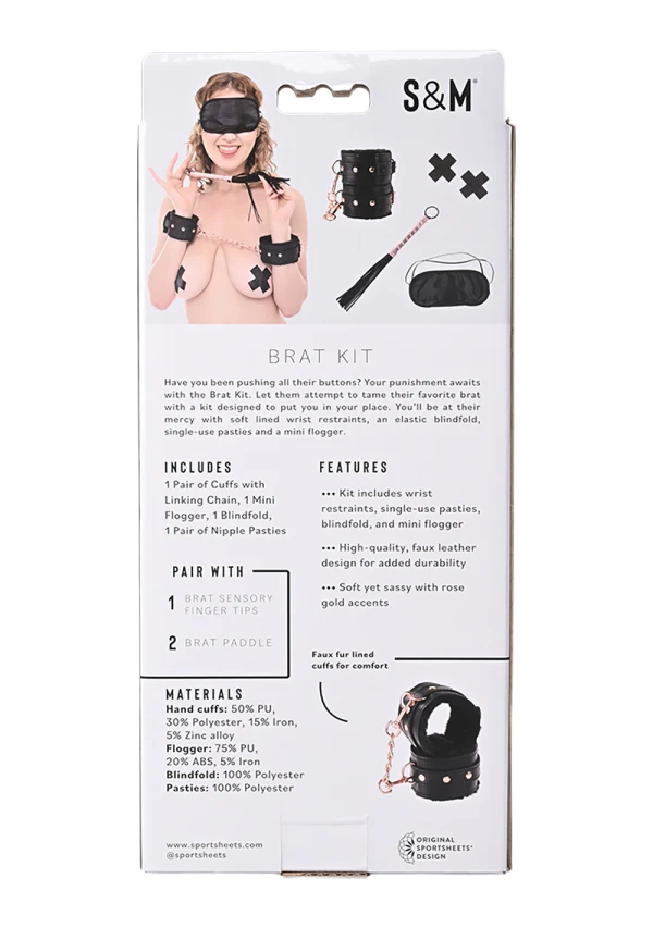 Brat Kit BDSM restraint set with rose gold accents and flogger.