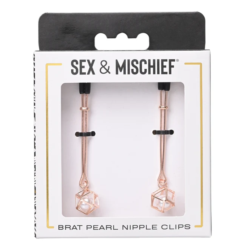 Rose gold adjustable nipple clips with pearl charms from Sex & Mischief.
