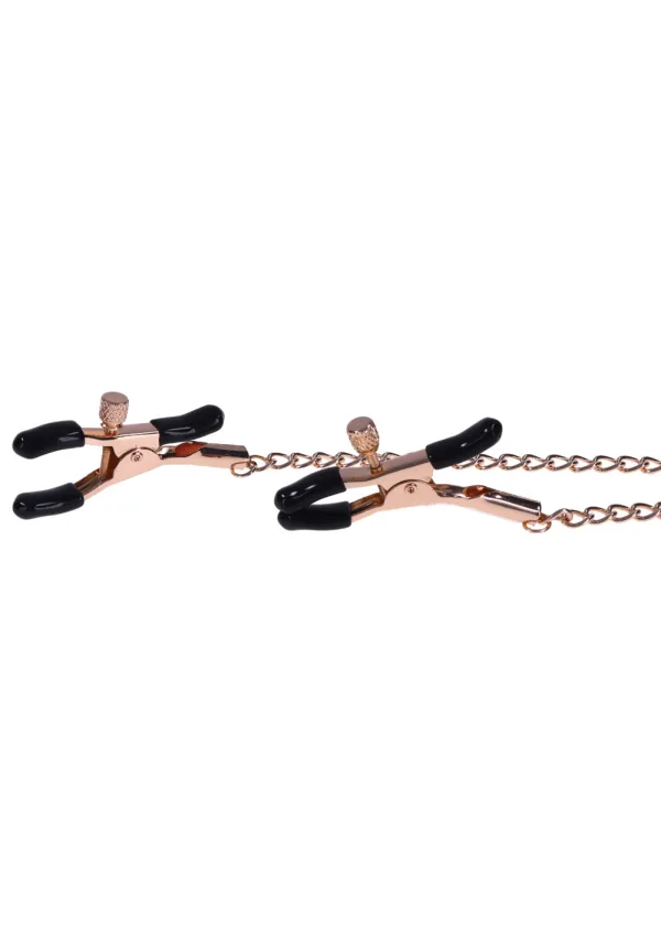Rose gold nipple clamps with black tips and a rose gold chain.