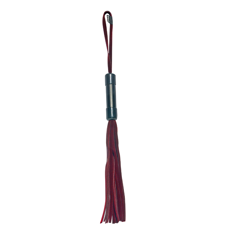 Red velveteen flogger with a wrist loop and dark handle.