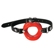 Red silicone open mouth gag with a black vegan leather strap.