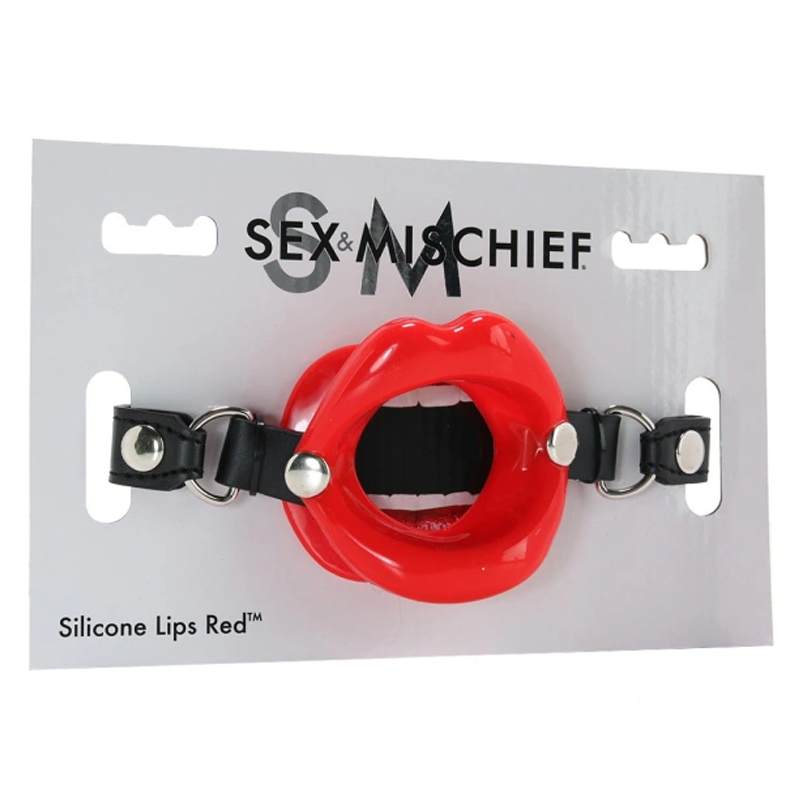 Red silicone open mouth gag with black vegan leather strap.