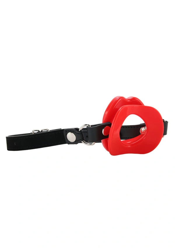 Red silicone open mouth gag with black vegan leather strap.