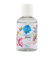A bottle of Sliquid Sparkle water-based lube with rainbow pride graphics.