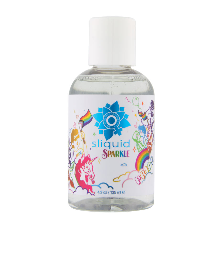 A bottle of Sliquid Sparkle water-based lube with rainbow pride graphics.