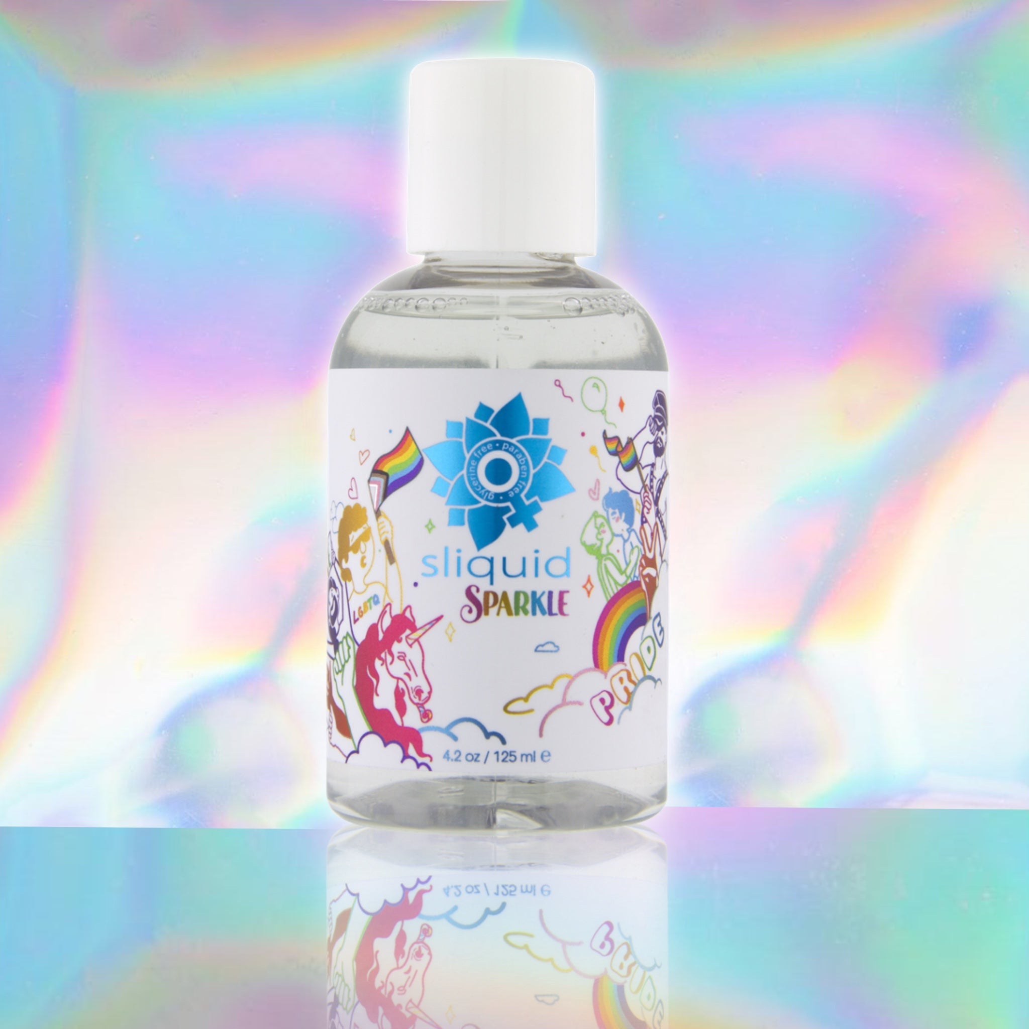 A bottle of Sliquid Sparkle water-based lubricant with rainbow-themed illustrations.
