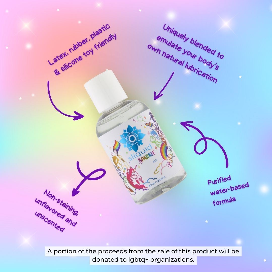 Sliquid Sparkle water-based lube in a clear bottle with rainbow unicorn graphics.